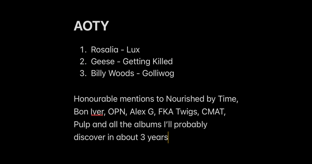 An Apple note from Tom's phone with an incredibly brief summary of the music he enjoyed in 2025