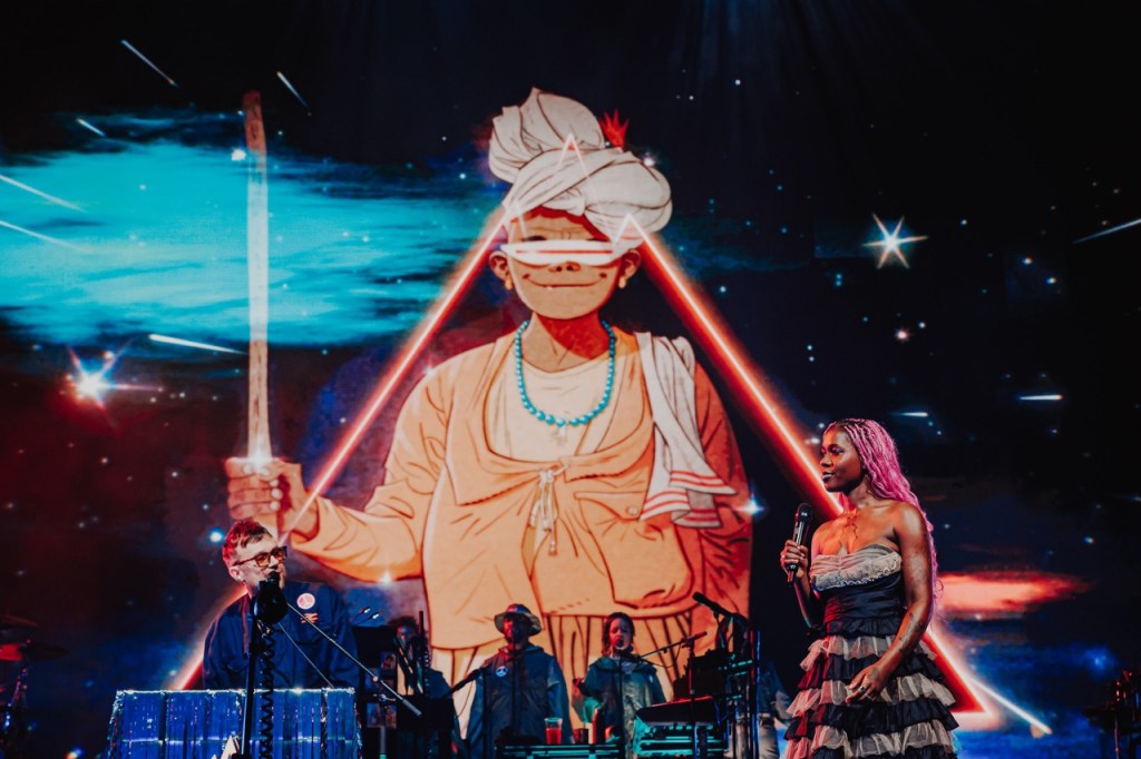 Damon Albarn and Kara Jackson on stage at Co-op Live, 20 March 2026 (photo by Luke Dyson)